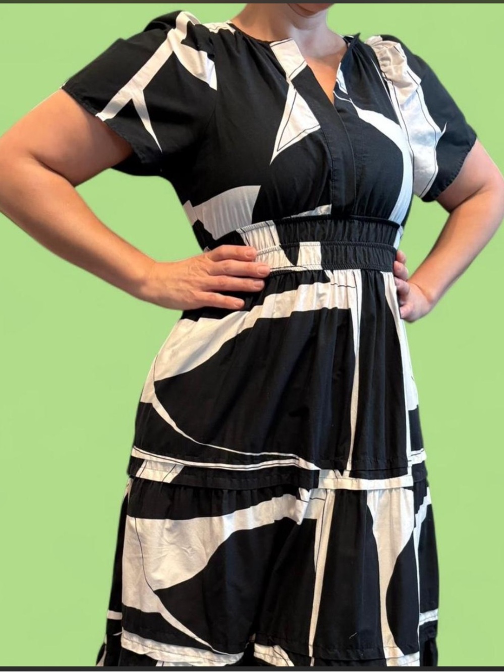 Anthropologie Black and White Short Sleeve Tiered Midi Dress